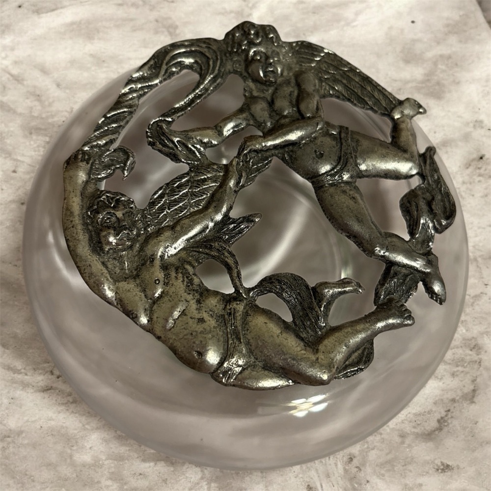Vintage Metzke Dancing Cherubs Pewter and Glass Potpourri Dish